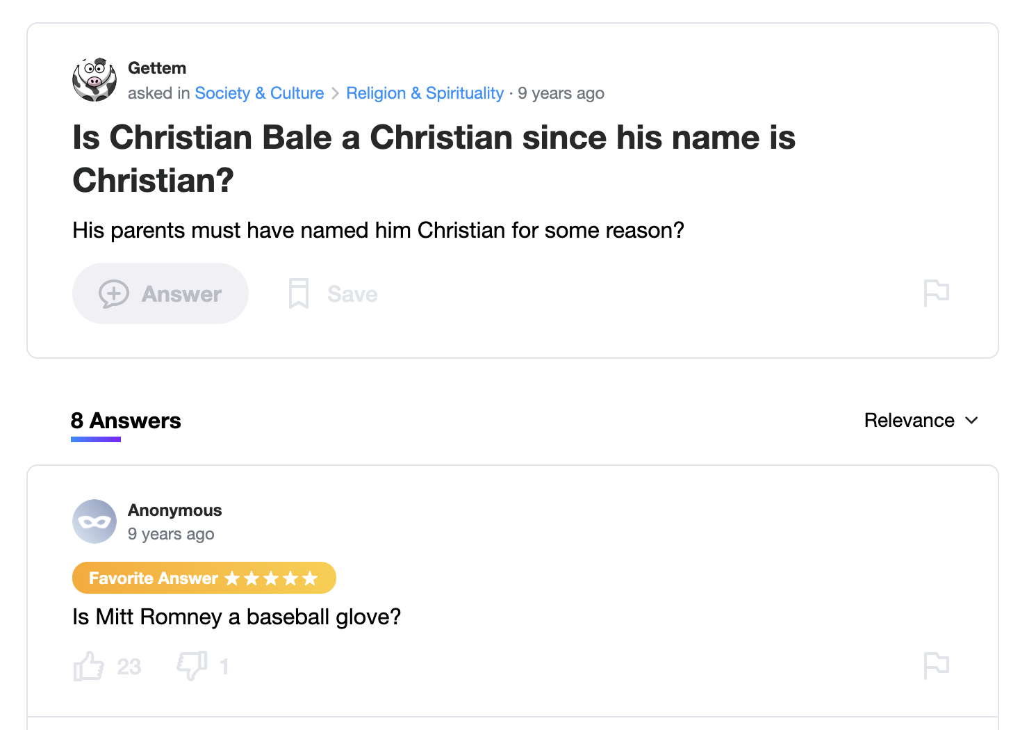 Is Christian Bale a Christian? Is Mitt Romney a glove?